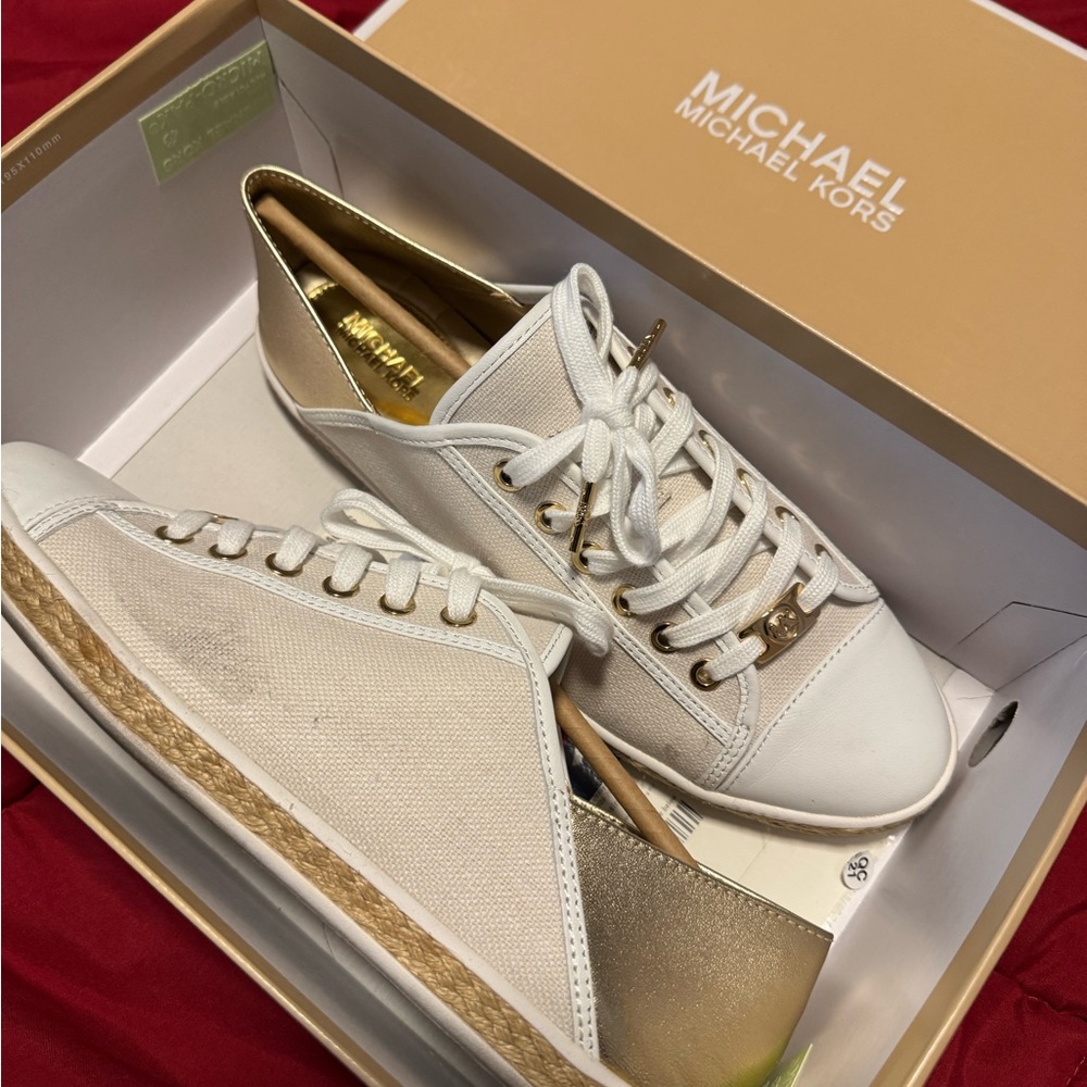 MICHAEL Michael Kors Pale Gold Canvas Slides